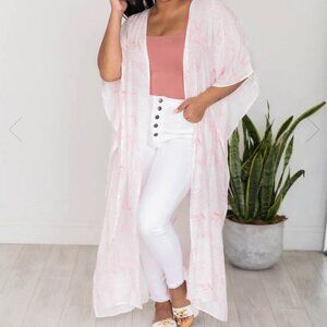 NWT Pink Lily Size Large Obvious Questions Pink Palm Printed Kimono